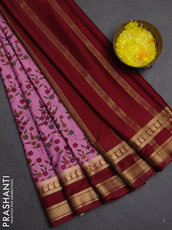 Semi mysore silk saree purple and deep maroon with allover floral prints and rettapet zari woven border