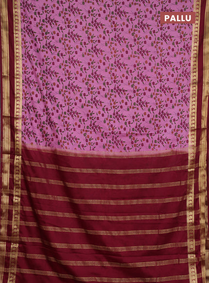 Semi mysore silk saree purple and deep maroon with allover floral prints and rettapet zari woven border