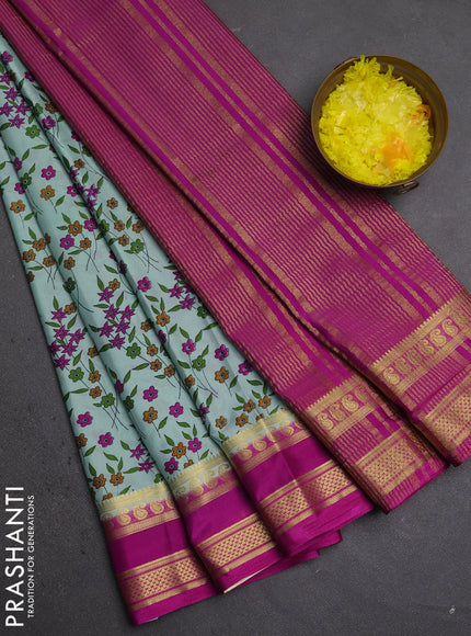 Semi mysore silk saree pastel green and pink with allover floral prints and rettapet zari woven border