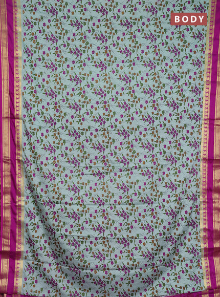 Semi mysore silk saree pastel green and pink with allover floral prints and rettapet zari woven border