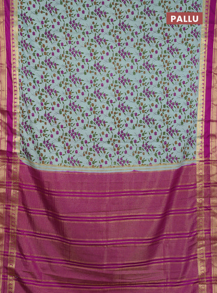 Semi mysore silk saree pastel green and pink with allover floral prints and rettapet zari woven border