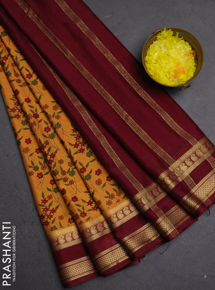 Semi mysore silk saree mustard yellow and deep maroon with allover floral prints and rettapet zari woven border