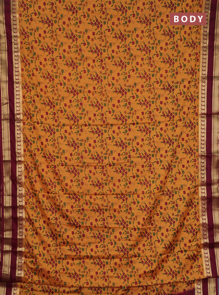 Semi mysore silk saree mustard yellow and deep maroon with allover floral prints and rettapet zari woven border