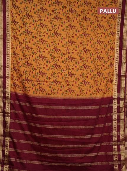 Semi mysore silk saree mustard yellow and deep maroon with allover floral prints and rettapet zari woven border
