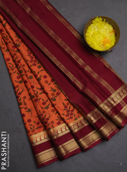 Semi mysore silk saree rust shade and deep maroon with allover floral prints and rettapet zari woven border