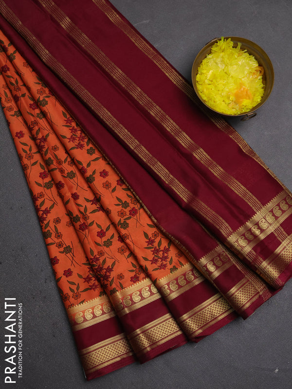 Semi mysore silk saree rust shade and deep maroon with allover floral prints and rettapet zari woven border