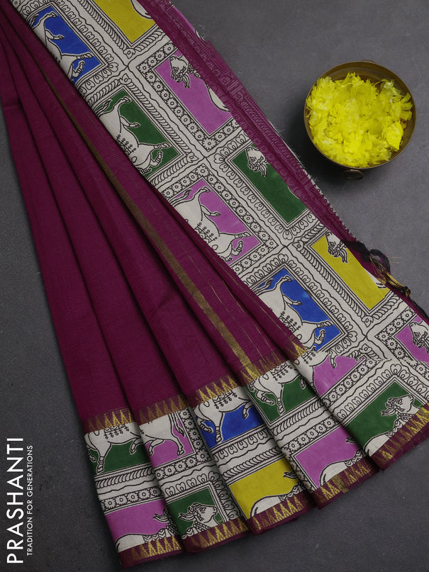 Mangalagiri cotton saree magenta pink and beige with plain body and long zari woven kalamkari printed border & blouse