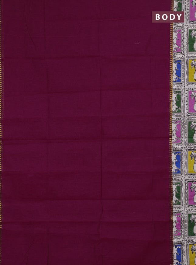 Mangalagiri cotton saree magenta pink and beige with plain body and long zari woven kalamkari printed border & blouse