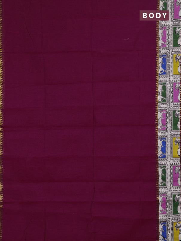 Mangalagiri cotton saree magenta pink and beige with plain body and long zari woven kalamkari printed border & blouse