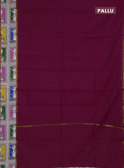 Semi mangalagiri cotton saree magenta pink and beige with plain body and long zari woven kalamkari printed border & blouse