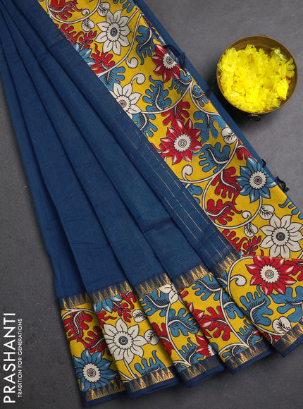 Semi mangalagiri cotton saree peacock blue and yellow with plain body and long zari woven kalamkari printed border & blouse