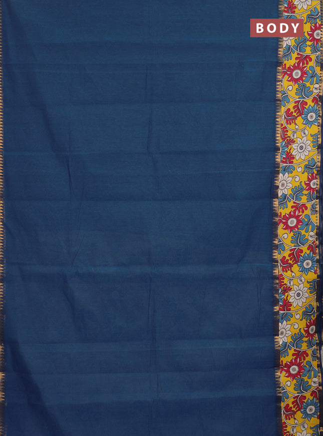 Mangalagiri cotton saree peacock blue and yellow with plain body and long zari woven kalamkari printed border & blouse