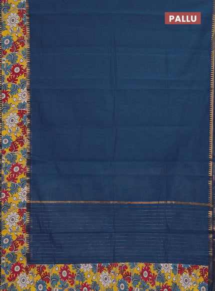 Semi mangalagiri cotton saree peacock blue and yellow with plain body and long zari woven kalamkari printed border & blouse