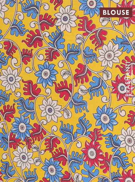 Semi mangalagiri cotton saree peacock blue and yellow with plain body and long zari woven kalamkari printed border & blouse