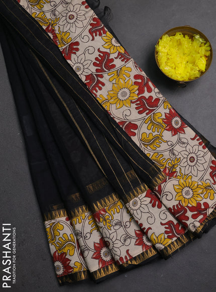 Semi mangalagiri cotton saree black and beige with plain body and long zari woven kalamkari printed border & blouse