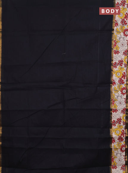 Semi mangalagiri cotton saree black and beige with plain body and long zari woven kalamkari printed border & blouse