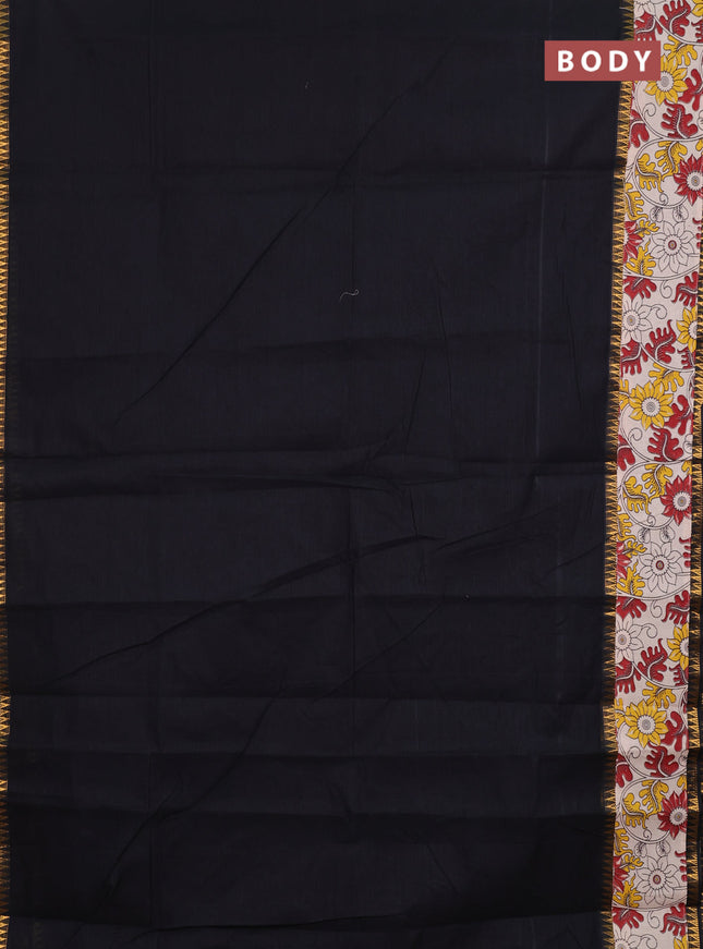 Mangalagiri cotton saree black and beige with plain body and long zari woven kalamkari printed border & blouse
