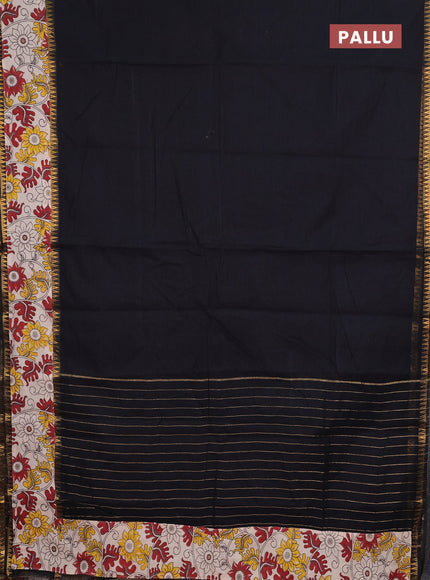 Semi mangalagiri cotton saree black and beige with plain body and long zari woven kalamkari printed border & blouse
