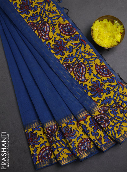 Semi mangalagiri cotton saree peacock blue and yellow with plain body and long zari woven kalamkari printed border & blouse