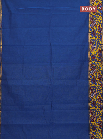Semi mangalagiri cotton saree peacock blue and yellow with plain body and long zari woven kalamkari printed border & blouse