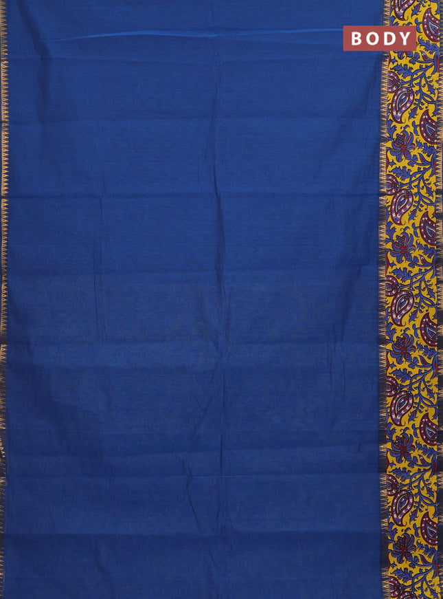 Mangalagiri cotton saree peacock blue and yellow with plain body and long zari woven kalamkari printed border & blouse