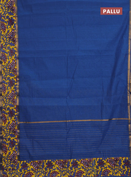 Semi mangalagiri cotton saree peacock blue and yellow with plain body and long zari woven kalamkari printed border & blouse