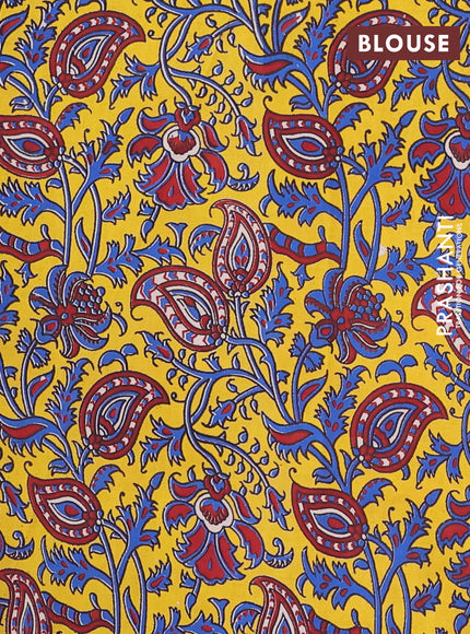 Semi mangalagiri cotton saree peacock blue and yellow with plain body and long zari woven kalamkari printed border & blouse
