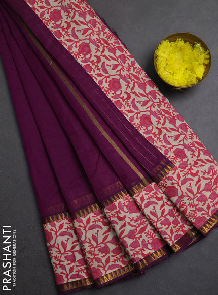 Semi mangalagiri cotton saree purple and beige with plain body and long zari woven kalamkari printed border & blouse