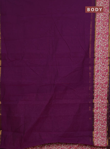 Semi mangalagiri cotton saree purple and beige with plain body and long zari woven kalamkari printed border & blouse