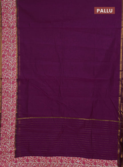 Semi mangalagiri cotton saree purple and beige with plain body and long zari woven kalamkari printed border & blouse