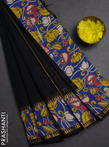 Semi mangalagiri cotton saree black and cs blue with plain body and long zari woven kalamkari printed border & blouse