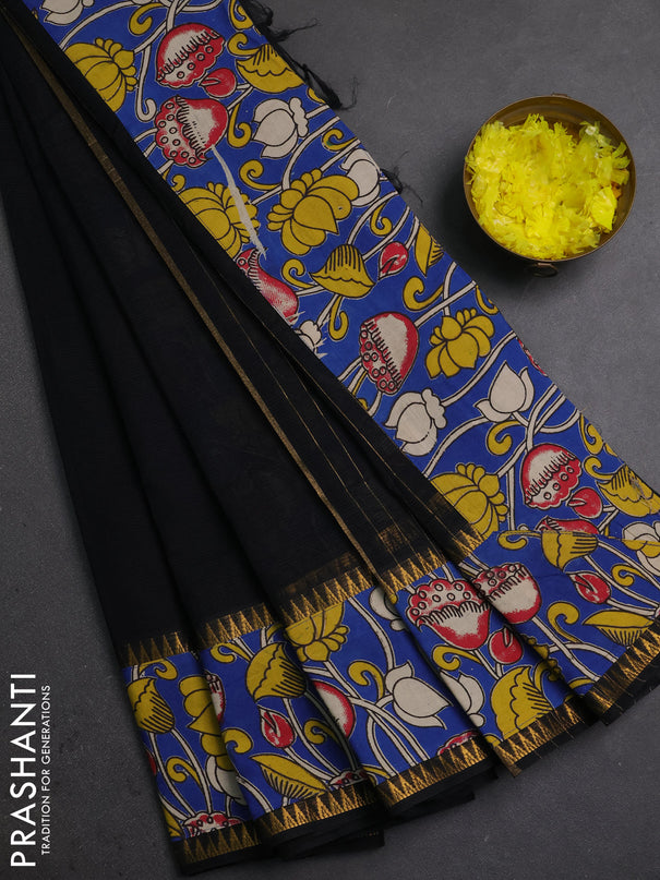 Mangalagiri cotton saree black and cs blue with plain body and long zari woven kalamkari printed border & blouse
