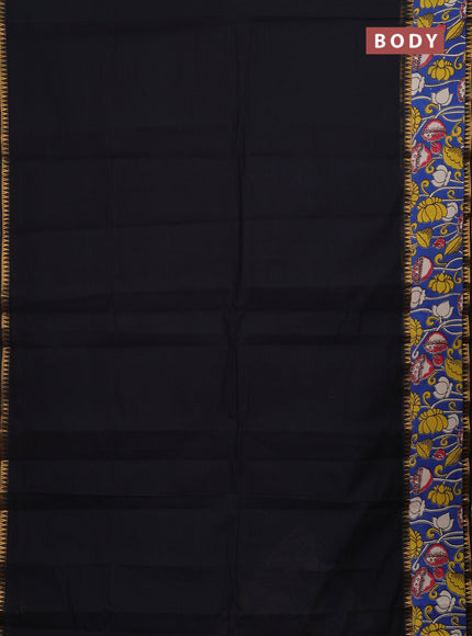 Semi mangalagiri cotton saree black and cs blue with plain body and long zari woven kalamkari printed border & blouse