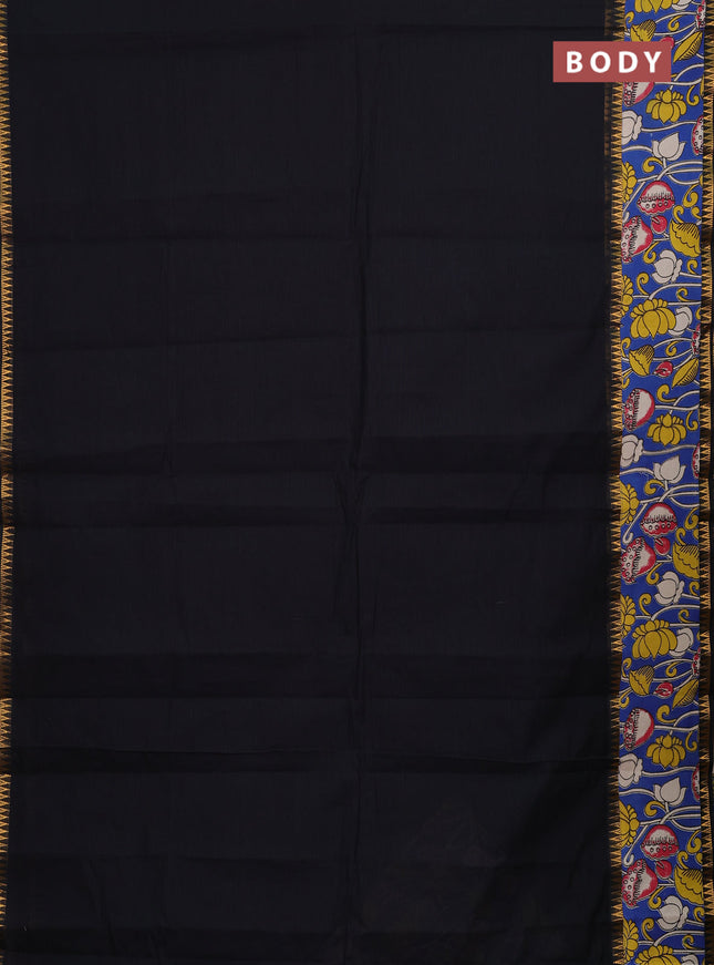Mangalagiri cotton saree black and cs blue with plain body and long zari woven kalamkari printed border & blouse