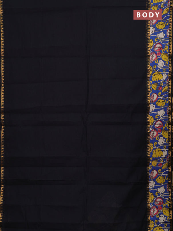 Mangalagiri cotton saree black and cs blue with plain body and long zari woven kalamkari printed border & blouse
