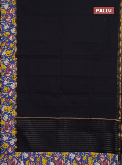 Semi mangalagiri cotton saree black and cs blue with plain body and long zari woven kalamkari printed border & blouse