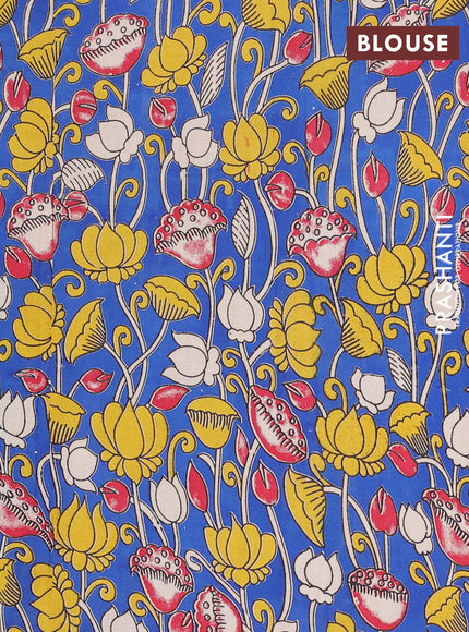 Semi mangalagiri cotton saree black and cs blue with plain body and long zari woven kalamkari printed border & blouse