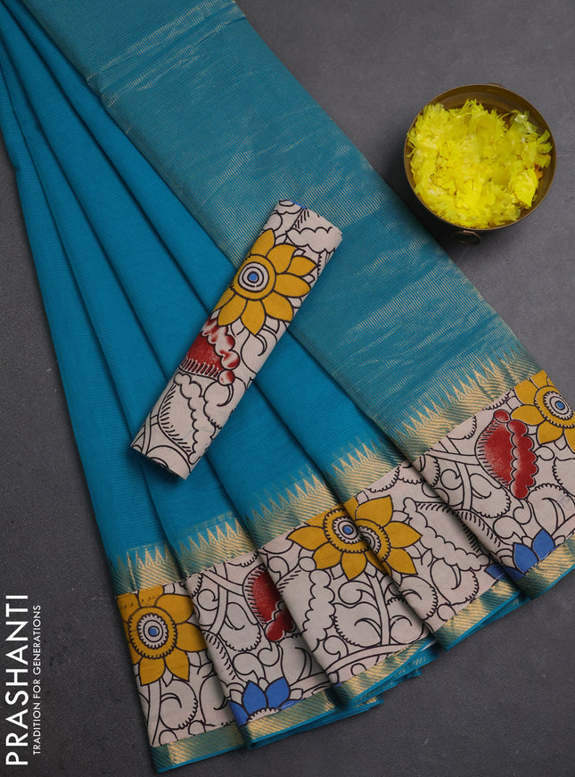 Mangalagiri cotton saree teal blue and beige with plain body and long zari woven kalamkari printed border & blouse