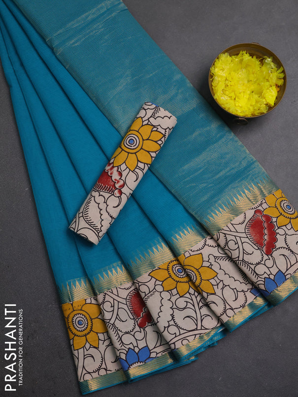 Mangalagiri cotton saree teal blue and beige with plain body and long zari woven kalamkari printed border & blouse