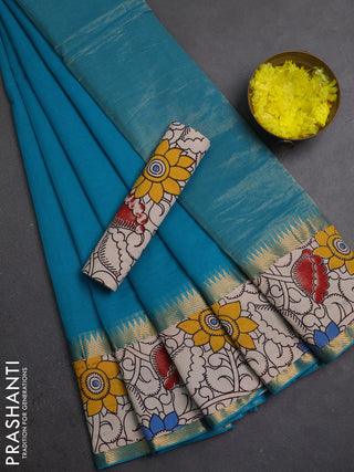 Mangalagiri cotton saree teal blue and beige with plain body and long zari woven kalamkari printed border & blouse