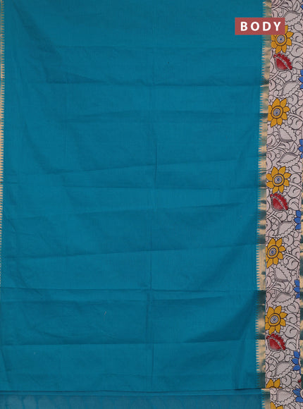 Semi mangalagiri cotton saree teal blue and beige with plain body and long zari woven kalamkari printed border & blouse