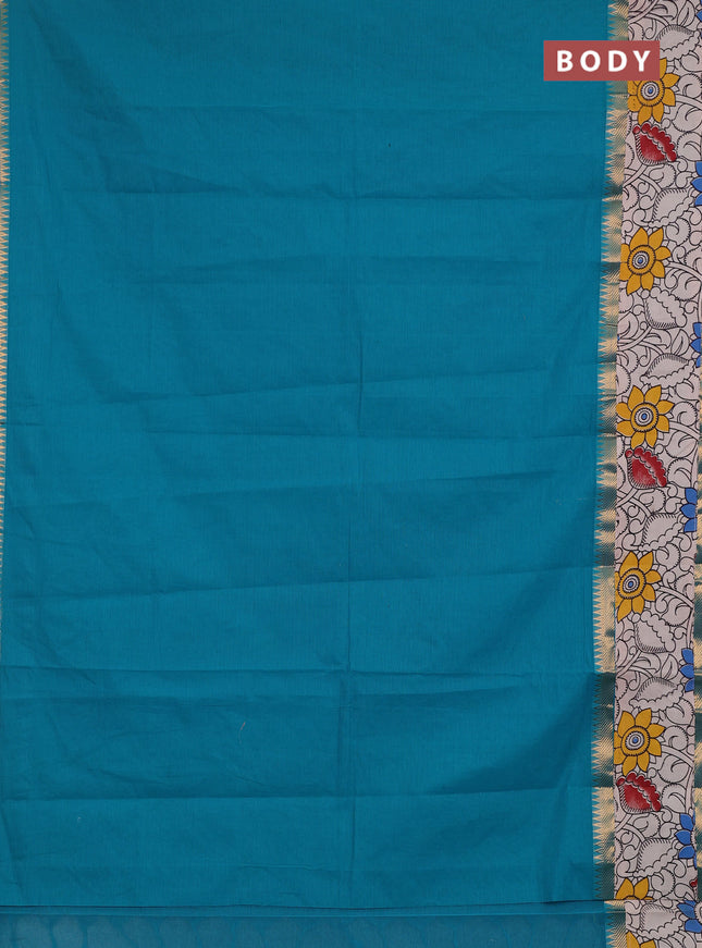 Mangalagiri cotton saree teal blue and beige with plain body and long zari woven kalamkari printed border & blouse