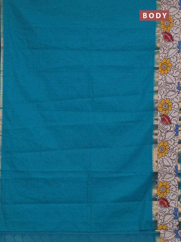 Mangalagiri cotton saree teal blue and beige with plain body and long zari woven kalamkari printed border & blouse
