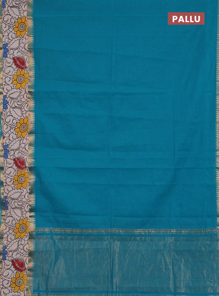 Semi mangalagiri cotton saree teal blue and beige with plain body and long zari woven kalamkari printed border & blouse