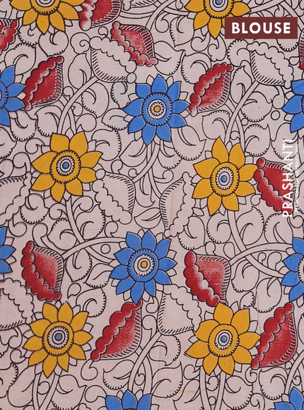 Semi mangalagiri cotton saree teal blue and beige with plain body and long zari woven kalamkari printed border & blouse