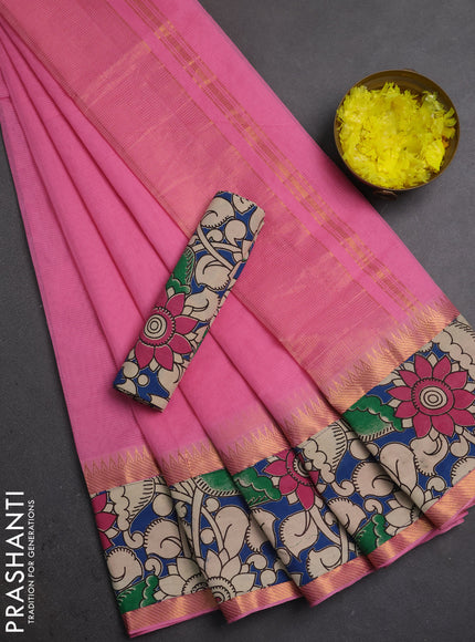Semi mangalagiri cotton saree light pink and blue with plain body and long zari woven kalamkari printed border & blouse