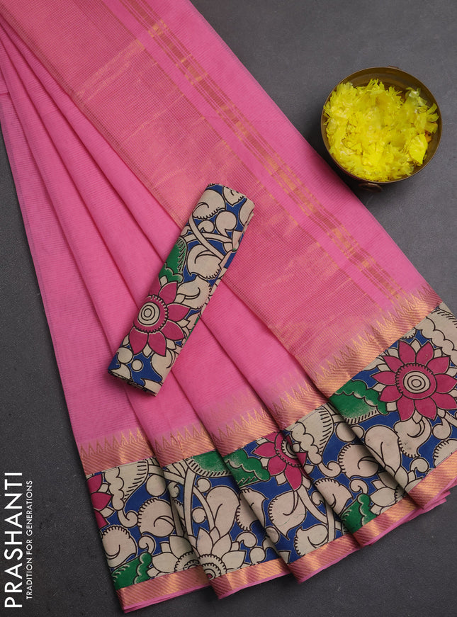 Mangalagiri cotton saree light pink and blue with plain body and long zari woven kalamkari printed border & blouse