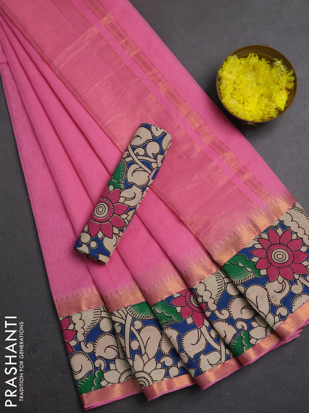 Mangalagiri cotton saree light pink and blue with plain body and long zari woven kalamkari printed border & blouse