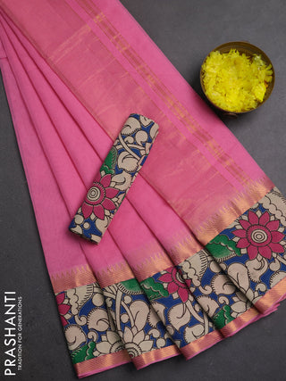 Mangalagiri cotton saree light pink and blue with plain body and long zari woven kalamkari printed border & blouse