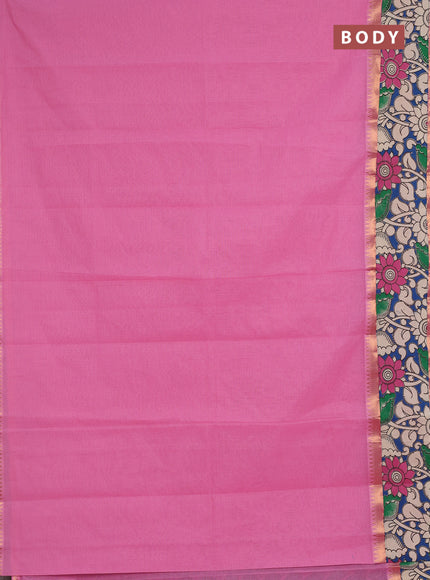 Semi mangalagiri cotton saree light pink and blue with plain body and long zari woven kalamkari printed border & blouse